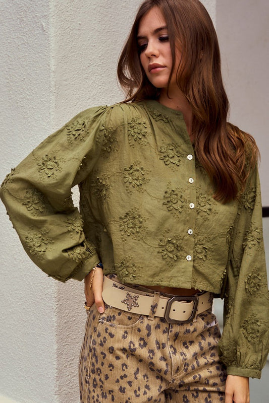 Lace Floral Woven Long Sleeve Front Button Blouse