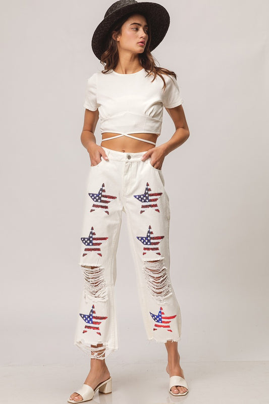 SEQUIN AMERICAN FLAG STAR PANTS