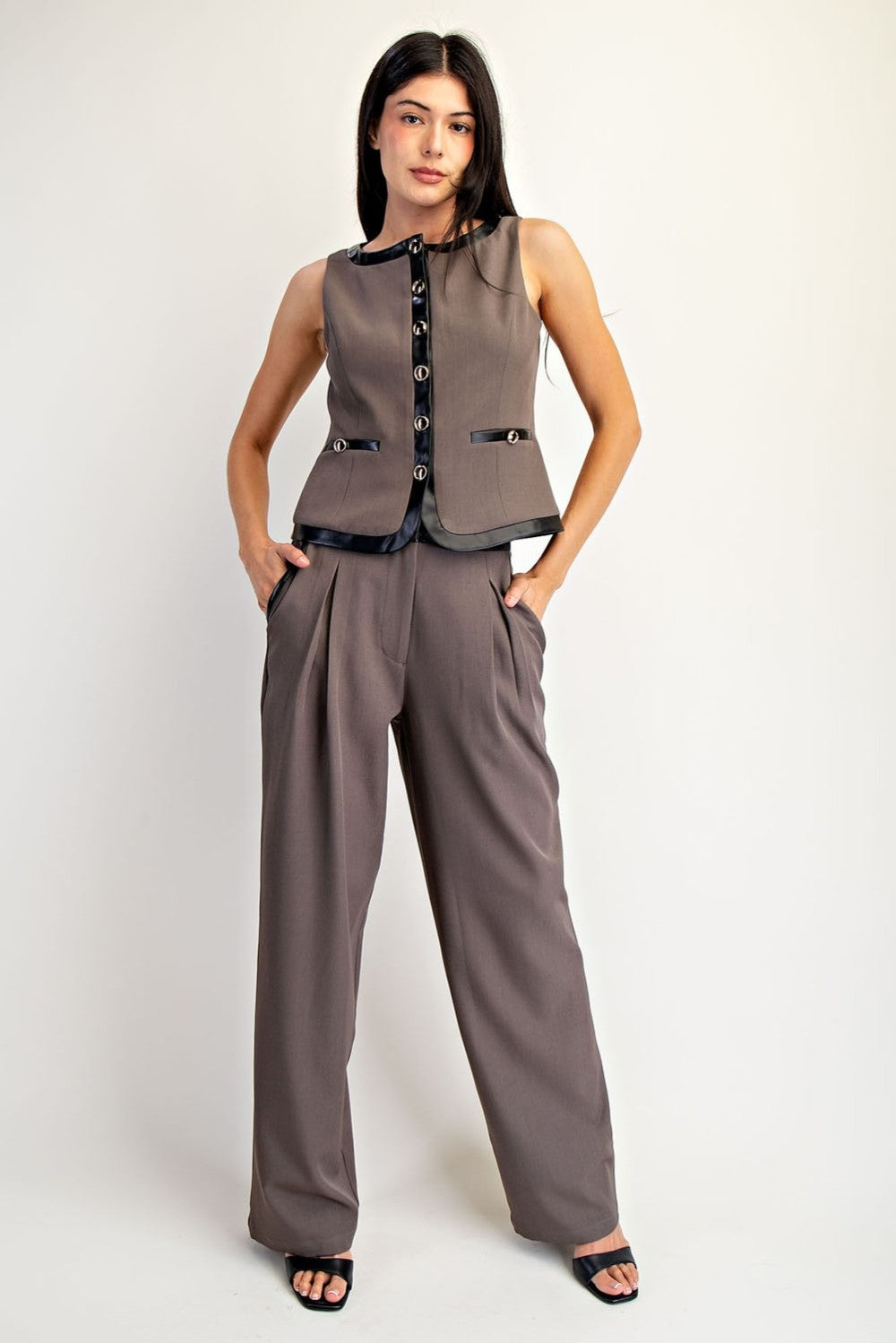 Contrast Leather Binding Woven Pants