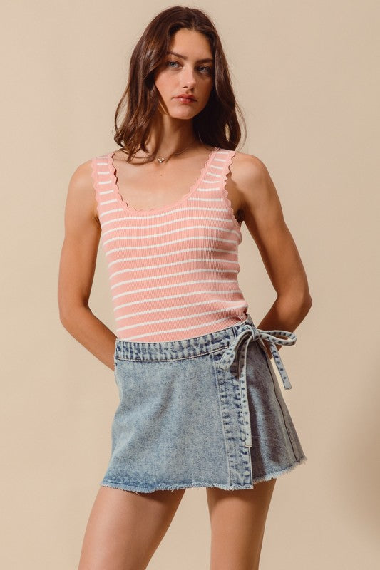 Waist tie denim skort