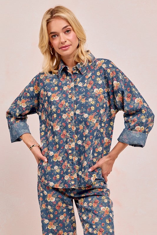 Washed florla print demin jacket