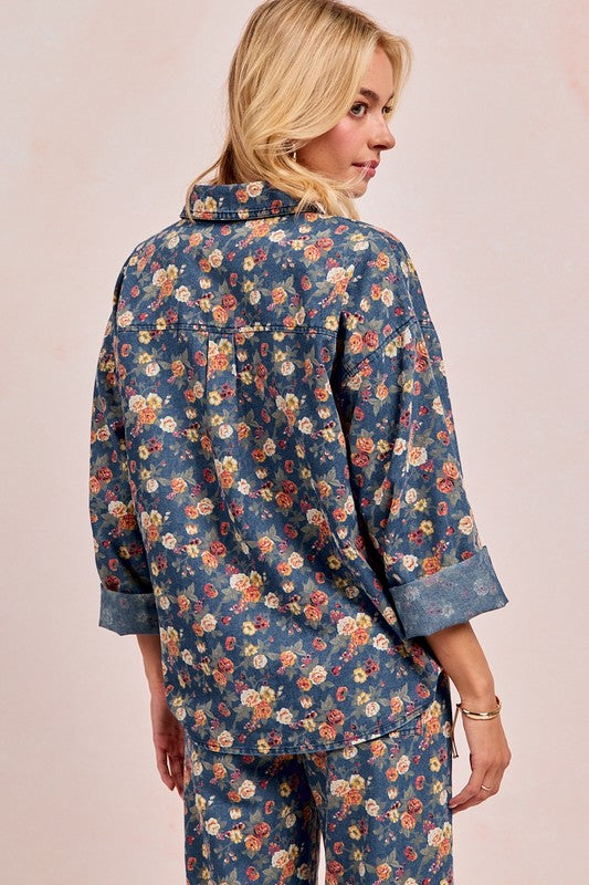 Washed florla print demin jacket
