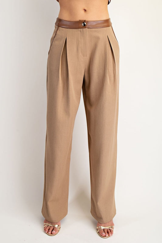 Contrast Leather Binding Woven Pants