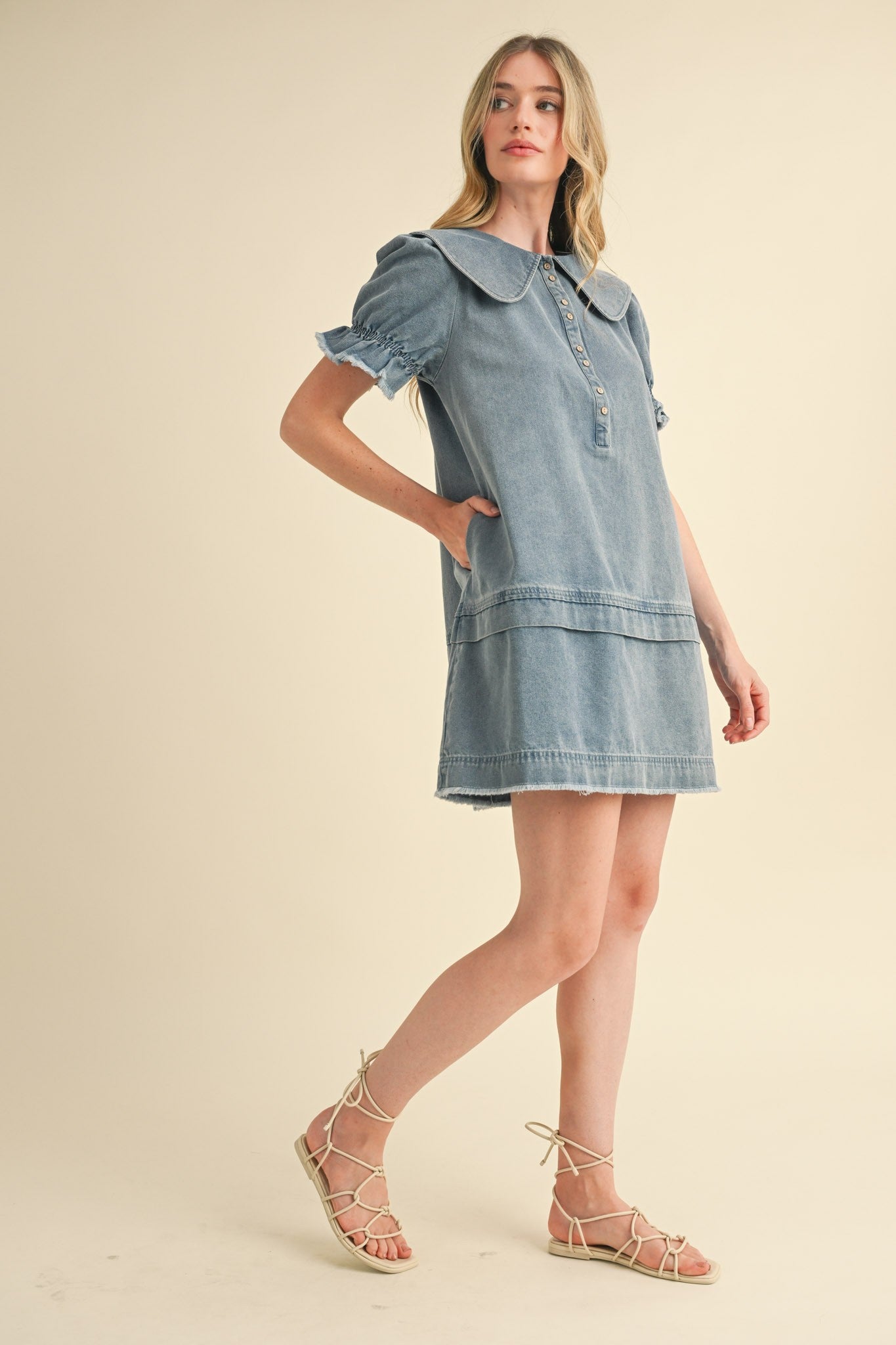 DENIM DOLL COLLAR BUTTON DOWN MINI DRESS