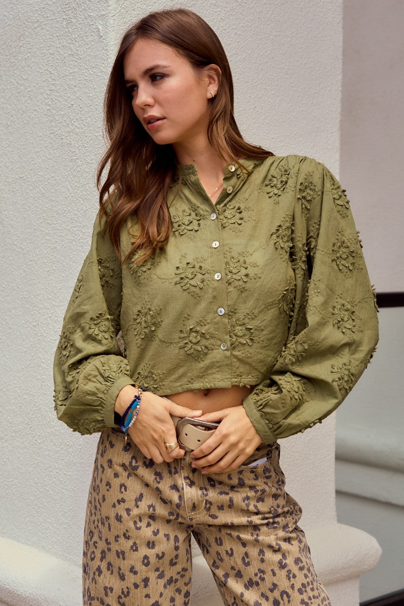 Lace Floral Woven Long Sleeve Front Button Blouse