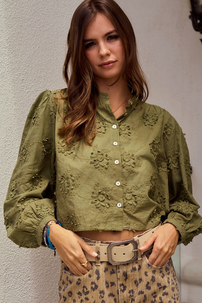 Lace Floral Woven Long Sleeve Front Button Blouse