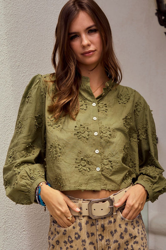 Lace Floral Woven Long Sleeve Front Button Blouse