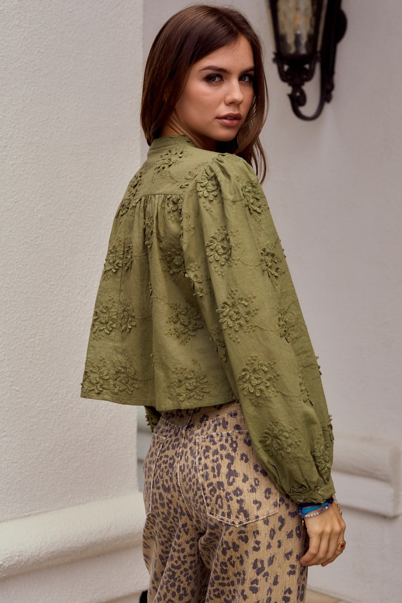 Lace Floral Woven Long Sleeve Front Button Blouse