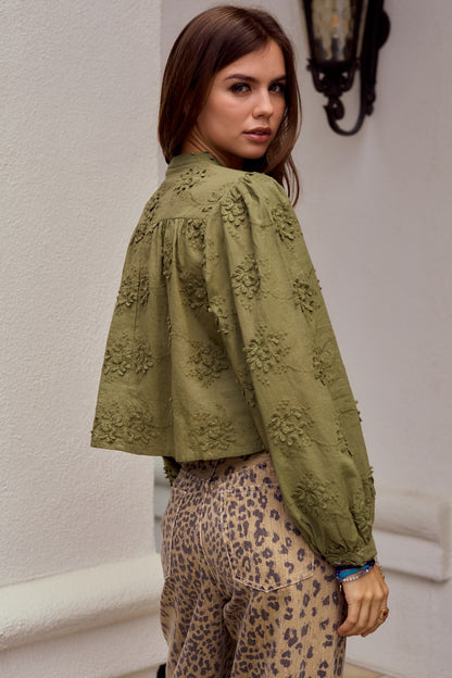 Lace Floral Woven Long Sleeve Front Button Blouse