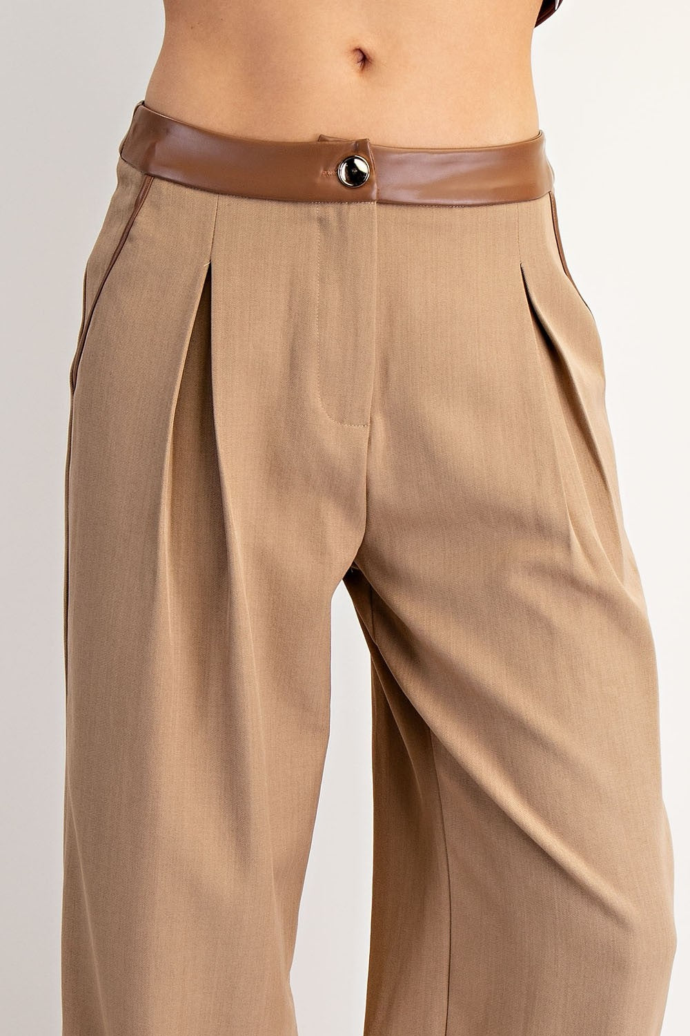 Contrast Leather Binding Woven Pants