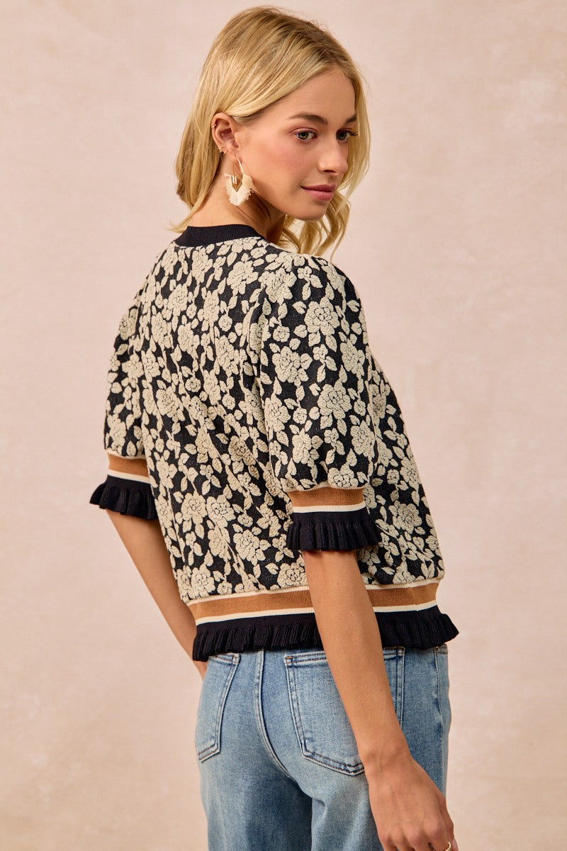 Textured Rose Knit Top Contrast Banded Puff Sleeve
