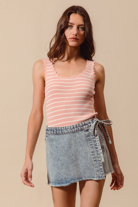 Waist tie denim skort