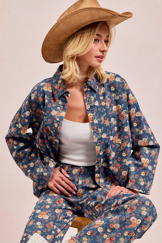 Washed florla print demin jacket