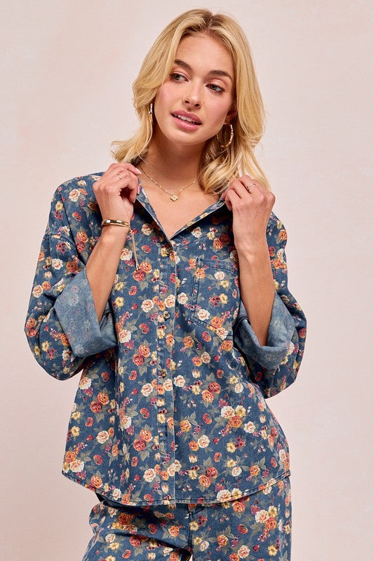 Washed florla print demin jacket