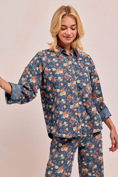 Washed florla print demin jacket