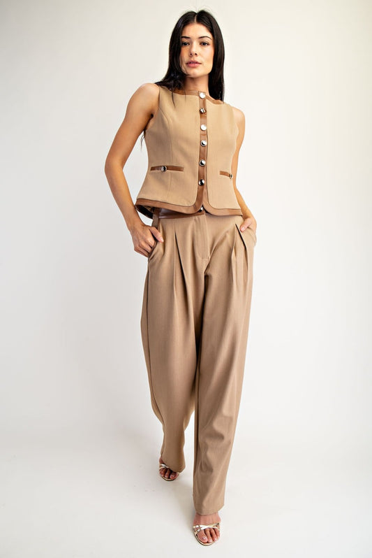 Contrast Leather Binding Woven Pants